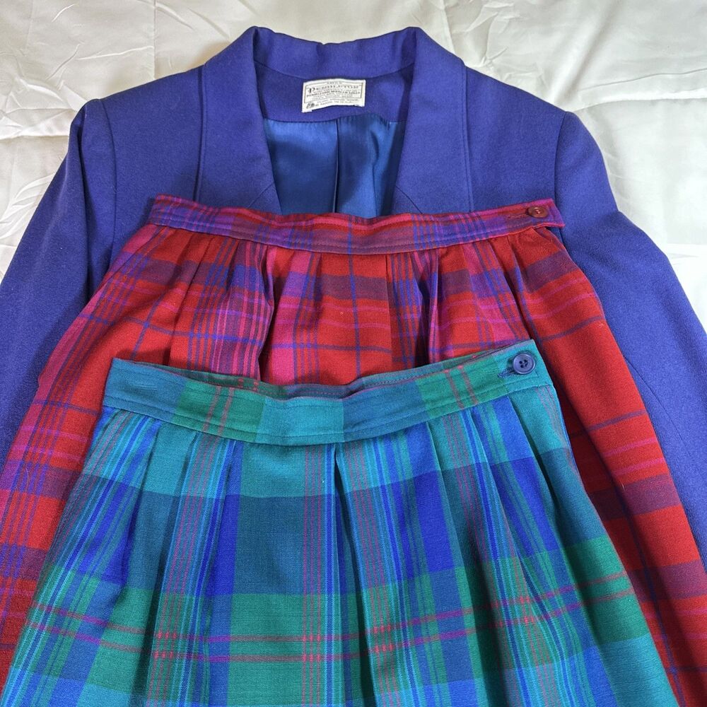 Vintage Pendleton 100% Virgin Wool Blazer with Two Plaid Skirts Suit Size 6 - Picture 3 of 12